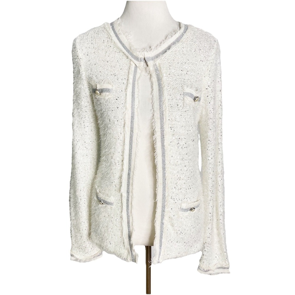 DOLCE CABO White‎ Long Sleeve Pockets Sequin Cardigan Sweater Medium Preppy